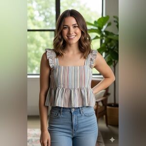 Liberty love crop top women’s size XL strips sleeveless ruffles pullover blouse